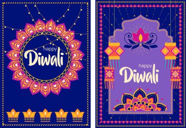 Parlak mandala dairesi, sicim ışıkları ve Diwali bayramını kutlayan şenlikli diyas ile vektör illüstrasyonu.