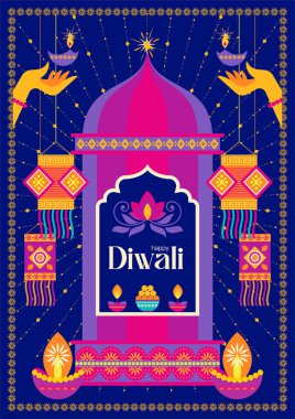Diwali Festivali 'ni kutlayan nilüfer, diyas, şeker ve asılı fenerlerle tapınak kemerinin vektör çizimi.