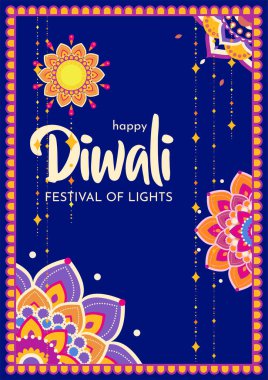 Kıvılcımlar saçan köşelerde çiçek mandalalarının vektör çizimi ve bayram tasarımı içinde mutlu Diwali metinleri..