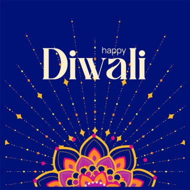 Işık saçan mandala patlamalı vektör çizimi, altın parıltılar ve koyu arkaplanda neşeli Diwali metni..