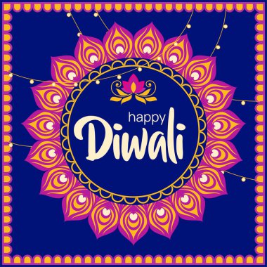 Neşeli dairesel mandala çerçeveli vektör çizimi, parlayan nilüfer ve mutlu Diwali kutlamalarını çevreleyen ip ışıkları.