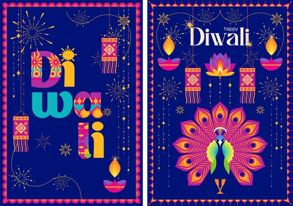 Mandala, diya lambası ve Diwali 'yi kutlayan şenlikli çerçeveli iki renkli tavus kuşunun vektör çizimi.