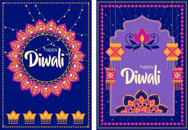 Parlak mandala dairesi, sicim ışıkları ve Diwali bayramını kutlayan şenlikli diyas ile vektör illüstrasyonu.