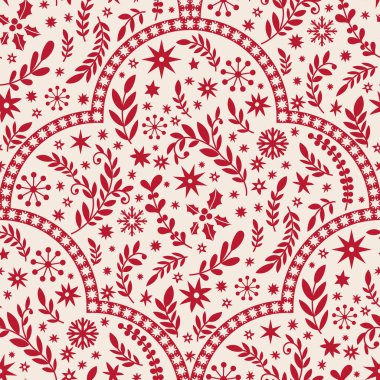 Seamless vector pattern with stars, leaves, and berries arranged in arches on cream background. Folk Scandinavian Christmas style design.