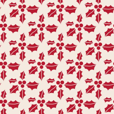 Seamless vector Christmas pattern with red holly leaves and berries on cream background. Folk Scandinavian style for festive products.