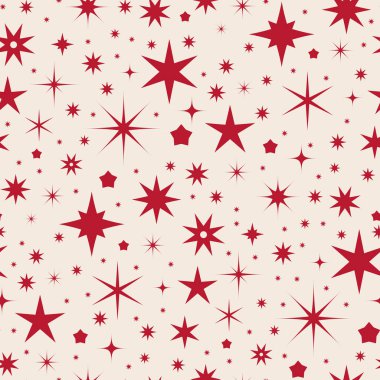 Seamless vector Christmas pattern with red stars in various sizes on cream background. Minimal festive Scandinavian folk style.