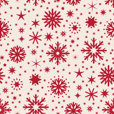 Seamless vector Christmas pattern with red snowflakes and stars on cream background. Scandinavian folk festive design for holiday wrapping.