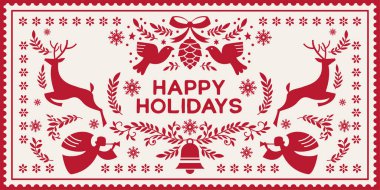 Vector Christmas composition in folk style with angels, deer, birds, and Happy Holidays text. Red and white papercut design isolated on white background. Ideal for prints and cards.