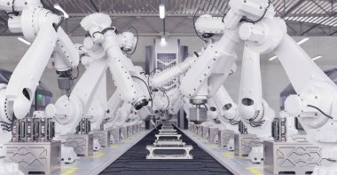 Akıllı Fabrika Konsepti. Otomatik İmalat Teknolojisi. 3B illüstrasyon