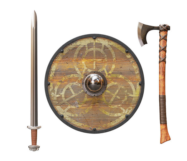 Viking Shield, Axe and Sword isolated on White Background. 3D illustration