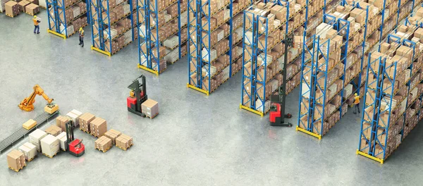 stock image Warehouse Scene with Workers, High Shelves and Reach Fork Track. Logistics Concept. 3D illustration