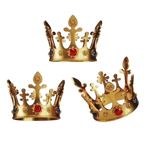 白色背景下的金色皇冠 3D插图 — 图库照片