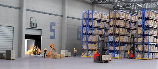 労働者 高い棚およびフォーク トラックに達する倉庫のシーン ロジスティクスコンセプト 3Dイラスト ストック写真