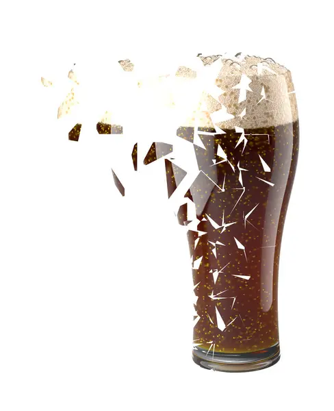 Broken glass with dark beer or cola isolated on white background. 3D illustration.
