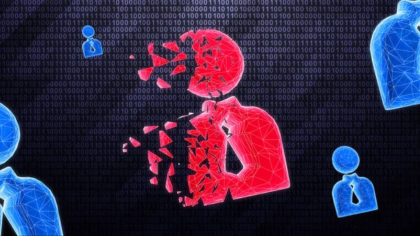 Red person icon on dark hi-tech background in binary cyberspace during scan. 3D illustration.
