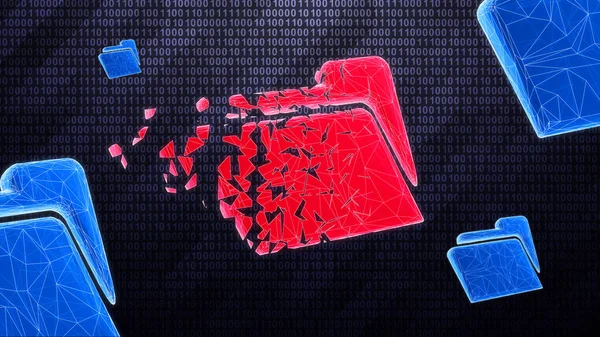 Red infected file icon is detected on dark hi-tech background in binary cyberspace during scan. 3D illustration.