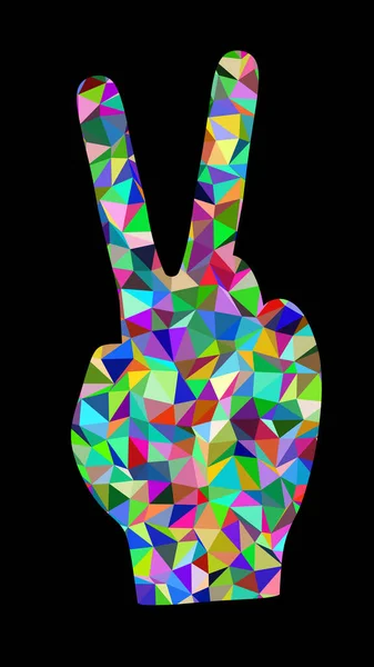 Multicolored hand with victory sign isolated on black background. Illustration.