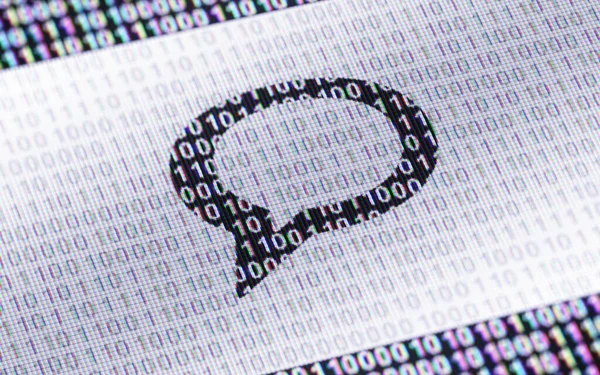 Chat icon. Binary code ( array of bits ) in the screen. 3D Illustration.