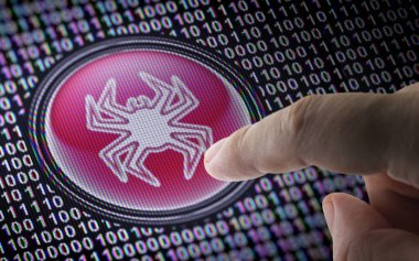 Ekranda ikili kodlu virüs simgesi (bit dizisi). 3B Görüntü.