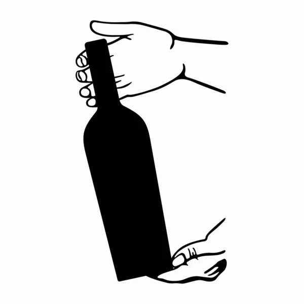 Mãos Seguram Uma Garrafa Vinho — Vetor de Stock