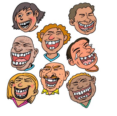 Beyaz arka planda gülen bir grup karikatür..