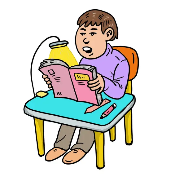 Cartoon Boy Reading Book Study Room — Stock Vector