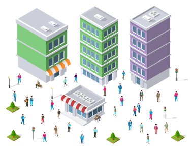 Güzel bir günde binaların ve dükkanların etrafında bir sürü insanın dolaştığı Isometric şehri.