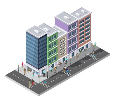 Birçok penceresi olan modern renkli binaların yanında yürüyen insanların olduğu Isometric şehir caddesi.