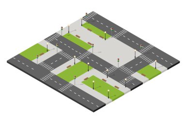 Kavşağı, trafik ışıkları, sokak lambaları ve şehir altyapısını gösteren park bankları olan Isometric şehir haritası