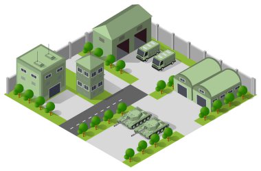 Module base camp object element for building design army armed troop isometric armed military transport objects. War equipment force graphic elements tank machine 3D illustration