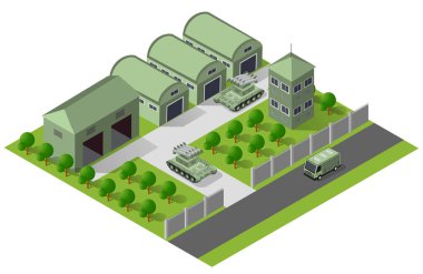 Module base camp object element for building design army armed troop isometric armed military transport objects. War equipment force graphic elements tank machine 3D illustration