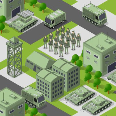 Background 3D illustration army armed troop isometric armed military transport objects and war equipment force graphic elements tank machine