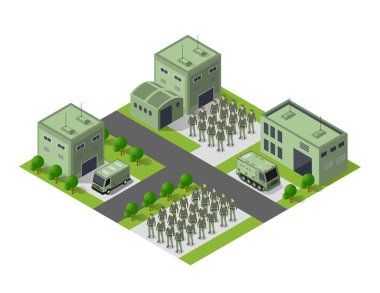 Module base camp object element for building design army armed troop isometric armed military transport objects. War equipment force graphic elements tank machine 3D illustration