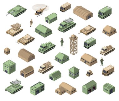Set of army armed troop isometric armed military transport objects and war combat equipment force graphic elements tank machine 3D illustration