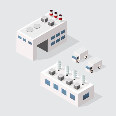 Şehir haritası Isometric fabrika sanayi bölgesi 3D illüstrasyon mimarisi şehir caddesi birçok bina ve gökdelen, cadde, ağaç ve araçla