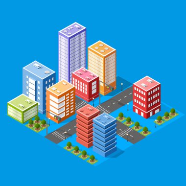 Isometric gece şehir konsepti menekşe tarzı, ultraviyole 3d modern tasarım bir gökdelen, sokak lambaları ve yol kenti inşa.
