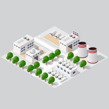 Şehir haritası Isometric fabrika sanayi bölgesi 3D illüstrasyon mimarisi şehir caddesi birçok bina ve gökdelen, cadde, ağaç ve araçla