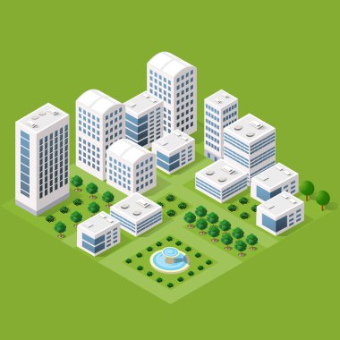 Isometric 3D ağaçlar orman doğası çevre tasarımı için yeşil arka plan elementleri. Çizim. Şehir haritaları, oyunlar ve kasabanız için simgeler