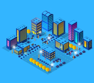Isometric gece şehir konsepti menekşe tarzı, ultraviyole 3d modern tasarım bir gökdelen, sokak lambaları ve yol kenti inşa.