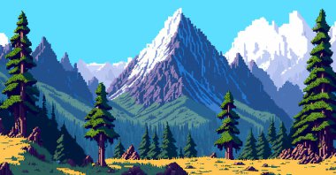 Peyzaj 8bit piksel sanatı. Yaz doğal manzara dağ manzarası oyun arkaplanı