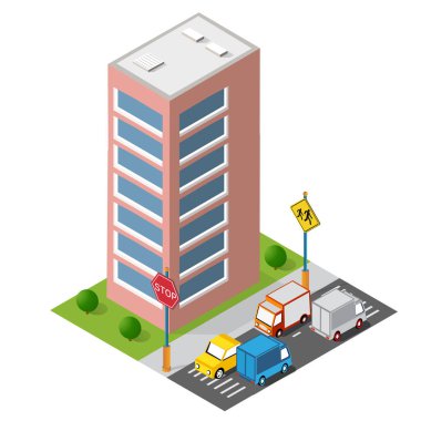 Ulaşım caddeleri evler ve ağaçlarla kesişiyor. Bir şehir taşımacılığında yukarıdan izometrik görünüm