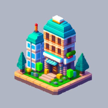 Şehrin üç boyutlu projeksiyon pikseli 8-bit sanat görüntüsü. Evlerin Modül Bloğu Bölgesi 'nin 3D İllüstrasyonu. Oyun arkaplanını sahnele