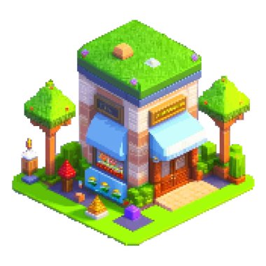 Şehrin üç boyutlu projeksiyon pikseli 8-bit sanat görüntüsü. Evlerin Modül Bloğu Bölgesi 'nin 3D İllüstrasyonu. Oyun arkaplanını sahnele