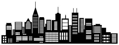 Beyaz arka planda peyzaj binaları var. Düşük binaların, yüksek binaların ve gökdelenlerin siyah çizgisi. Yapısal yapılar kentsel nesneleri yerleştirdi