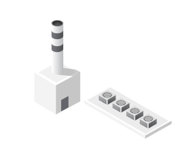 İki bacası olan ve atmosfere duman ve kirletici madde salan bir enerji santralini tasvir eden Isome view, endüstriyel etkiyi vurguluyor.