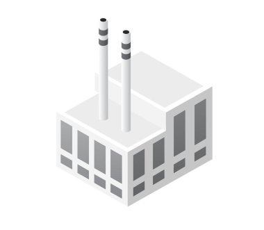 İki bacası olan ve atmosfere duman ve kirletici madde salan bir enerji santralini tasvir eden Isome view, endüstriyel etkiyi vurguluyor.