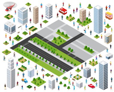Yürüyen, süren araçlar, binalar, yollar, ağaçlar ve yeşil alanlarla Isometric şehir haritası oluşturucu kiti