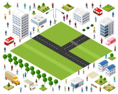 Yürüyen, süren araçlar, binalar, yollar, ağaçlar ve yeşil alanlarla Isometric şehir haritası oluşturucu kiti