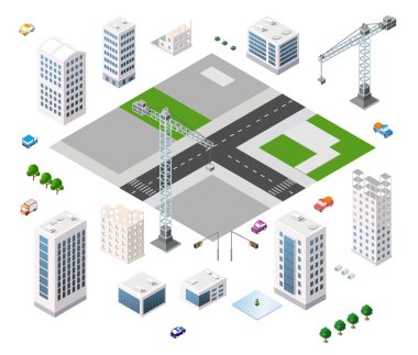 Gökdelenler, ofisler, yollar ve yeşil alanlar inşa eden vinçlerin yer aldığı modern bir şehrin Isometric görünümü