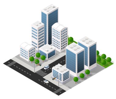 Gökdelenlerin, arabalı yolların, trafik ışıklarının, ağaçların ve yeşil alanların yer aldığı Isometric şehir manzarası